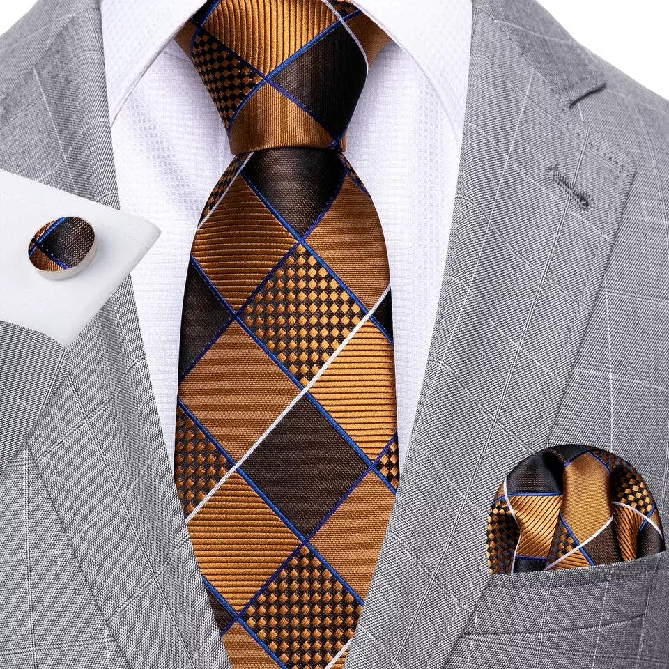 Black Brown Gold Plaid Silk Tie Pocket Square Cufflink Set - STYLETIE