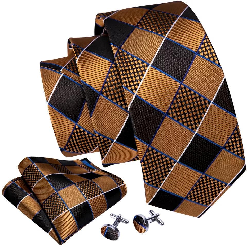 Black Brown Gold Plaid Silk Tie Pocket Square Cufflink Set - STYLETIE