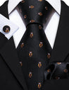 Black Brown Owl Print Silk Tie Pocket Square Cufflink Set - STYLETIE