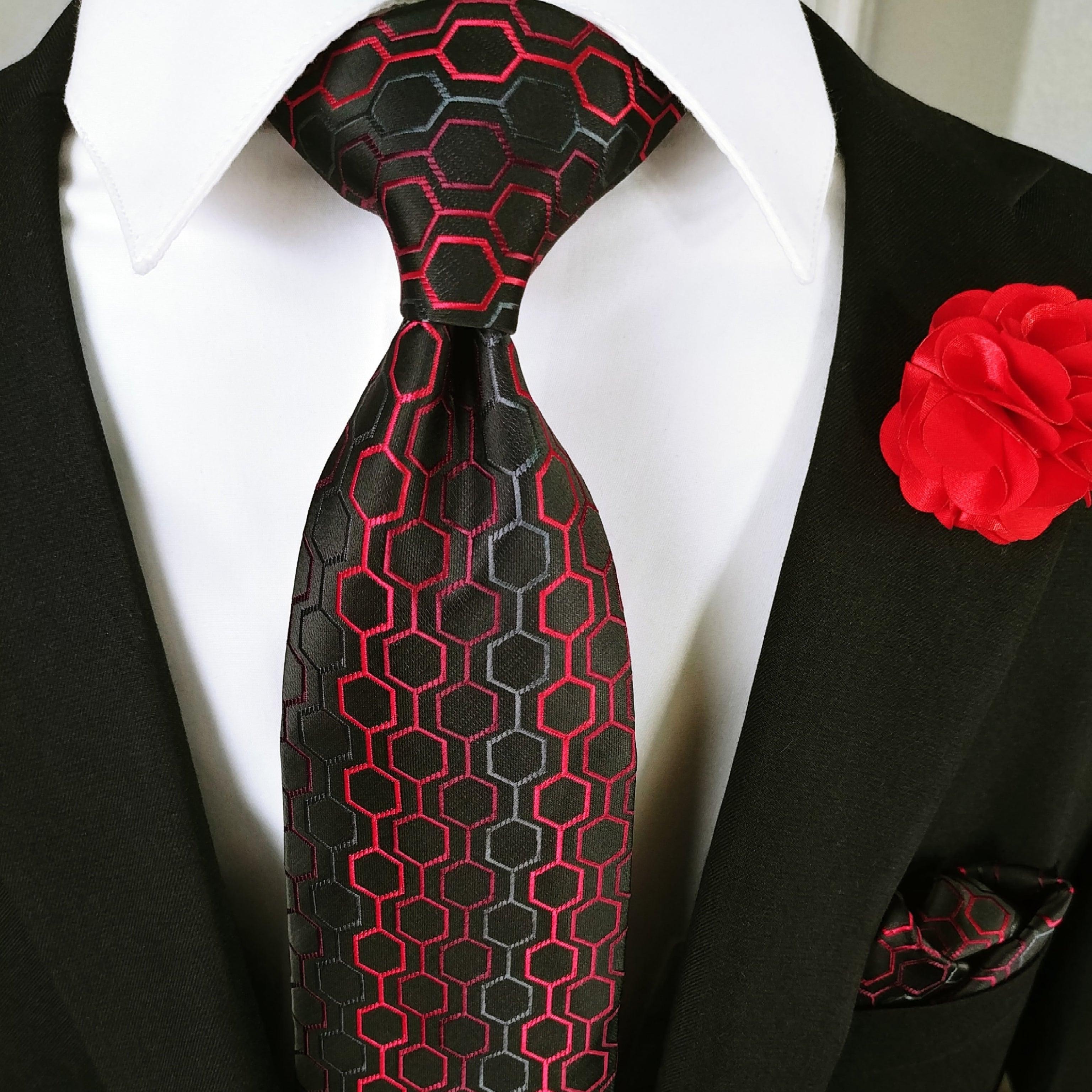 Black Dimgray Red Geometric Tie Set Pocket Square & Cufflinks - STYLETIE