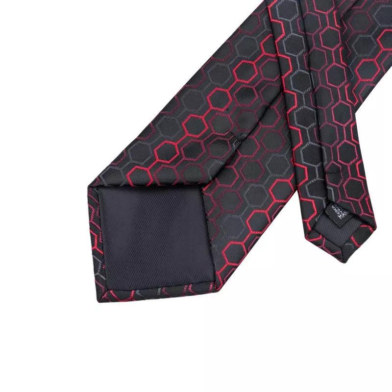 Black Dimgray Red Geometric Tie Set Pocket Square & Cufflinks - STYLETIE