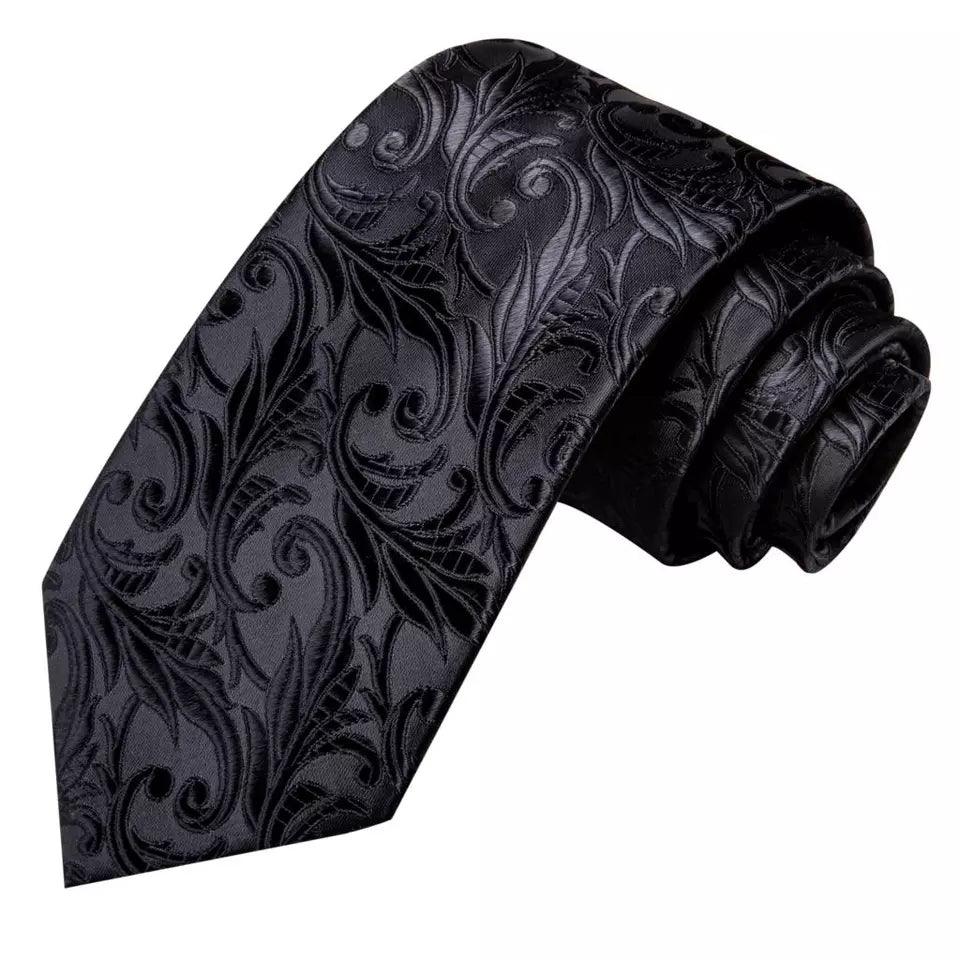 Black Floral Pattern Silk Tie Pocket Square Cufflink Set - STYLETIE