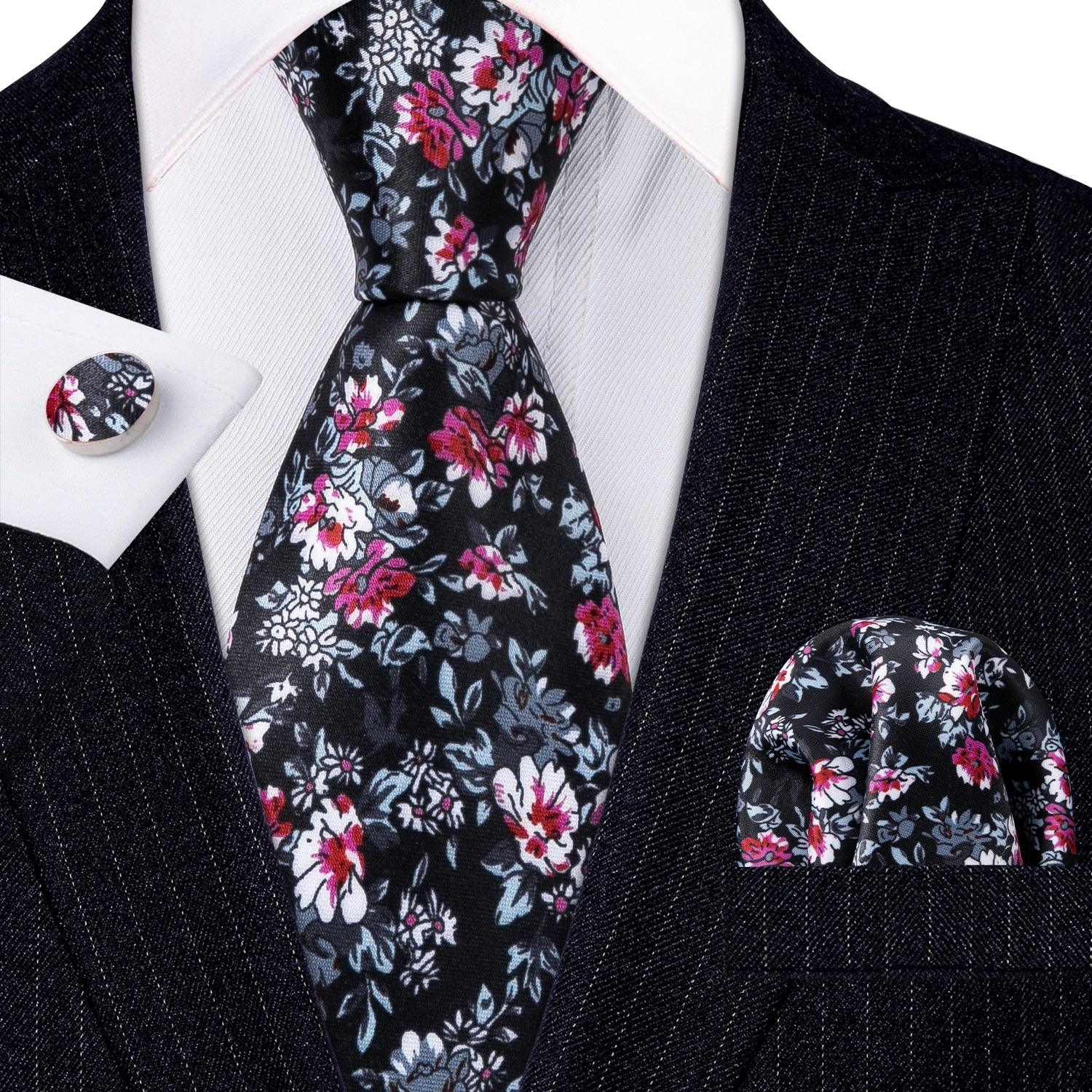 Black Floral Silk Tie Pocket Square Cufflink Set - STYLETIE