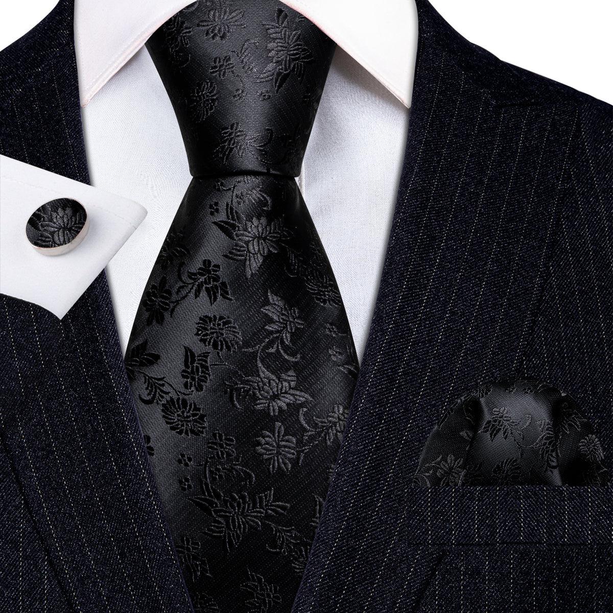 Black Floral Solid Silk Tie Pocket Square Cufflink Set - STYLETIE