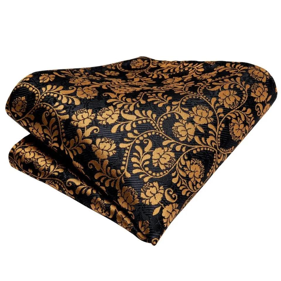 Black Gold Floral Silk Bowtie Pocket Square Cufflink Set - STYLETIE