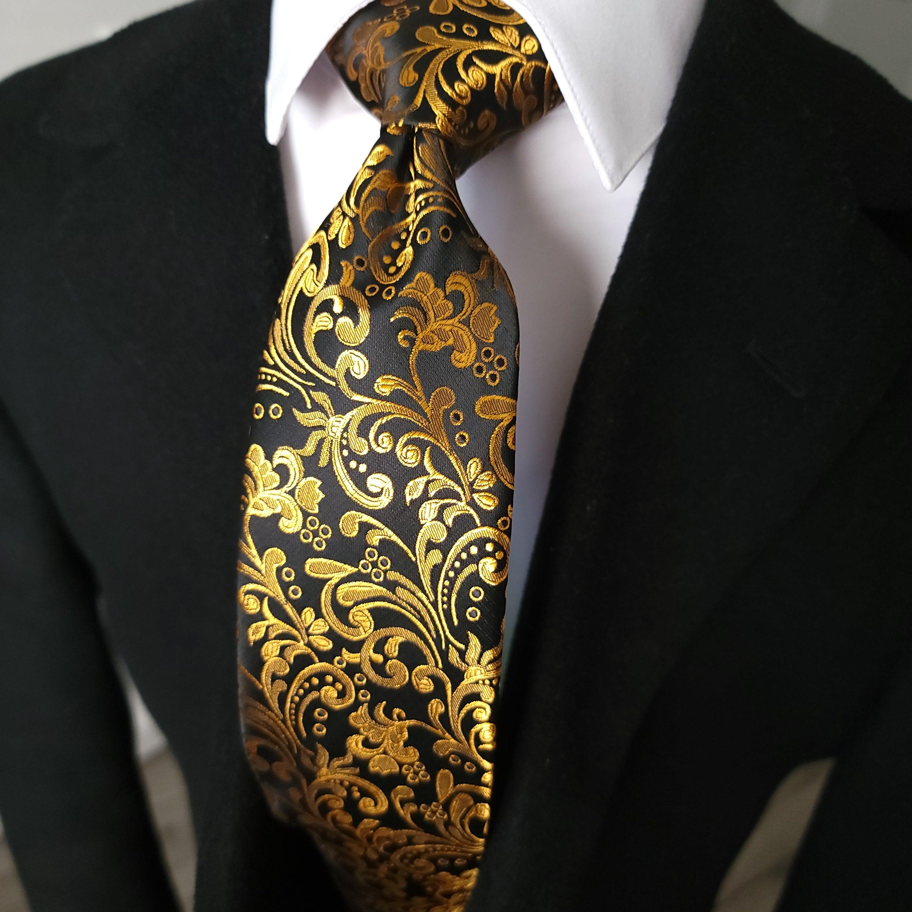 Black Gold Floral Silk Tie Pocket Square Cufflink Set - STYLETIE