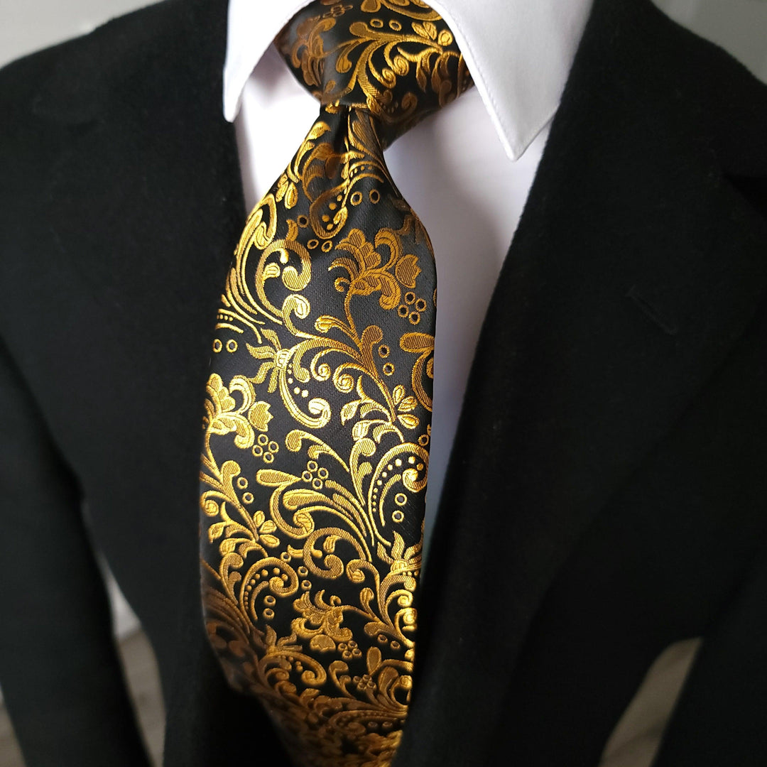 Black Gold Floral Silk Tie Pocket Square Cufflink Set – STYLETIE