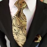 Black Gold Paisley Silk Tie Pocket Square Cufflink Set