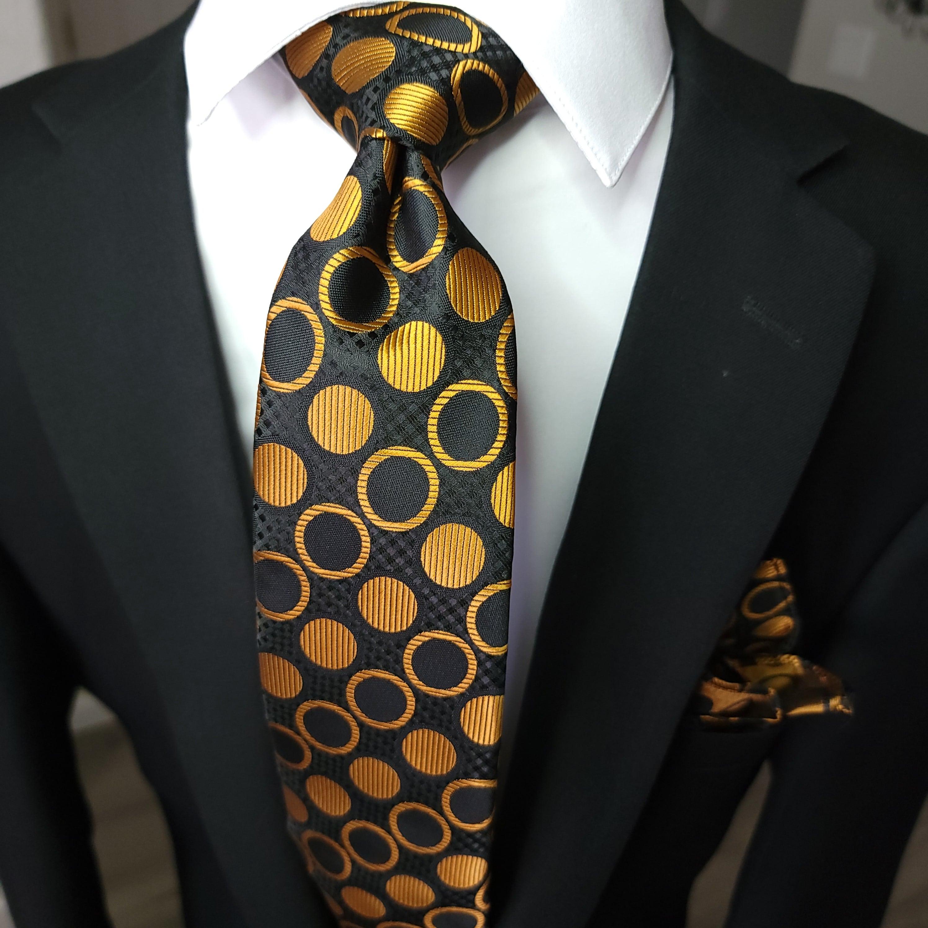 Black Gold Polka Dot Silk Tie Pocket Square Cufflink Set - STYLETIE