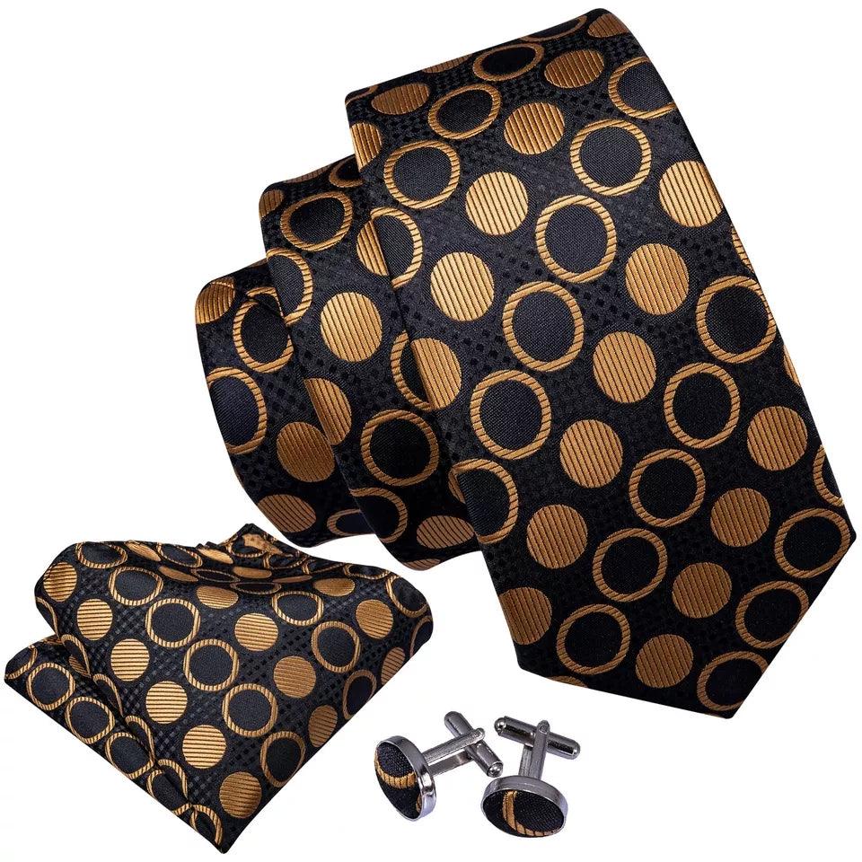 Black Gold Polka Dot Silk Tie Pocket Square Cufflink Set - STYLETIE