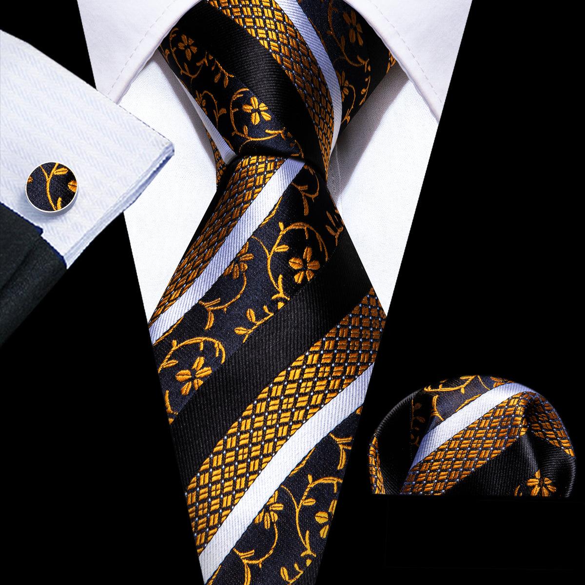 Black Gold Stripe Floral Silk Tie Pocket Square Cufflink Set - STYLETIE