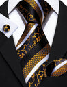 Black Gold Stripe Floral Silk Tie Pocket Square Cufflink Set - STYLETIE