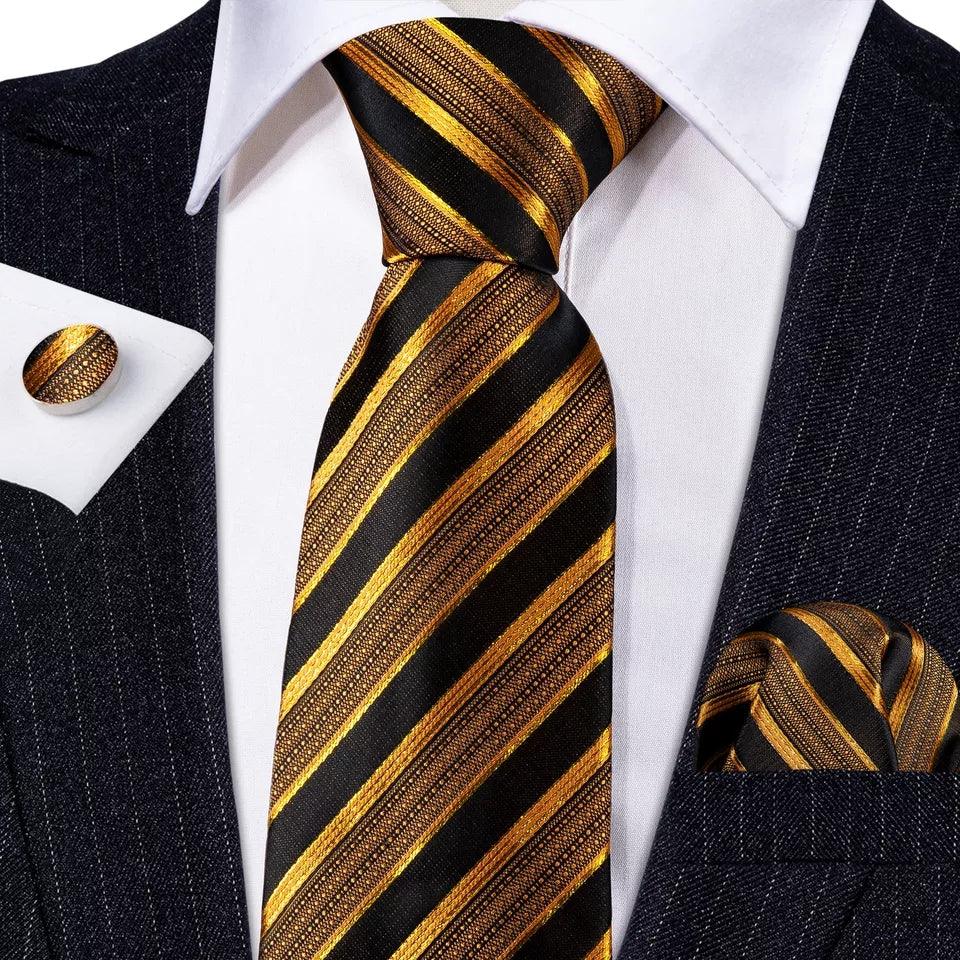 Black Gold Stripe Silk Tie Pocket Square Cufflink Set - STYLETIE