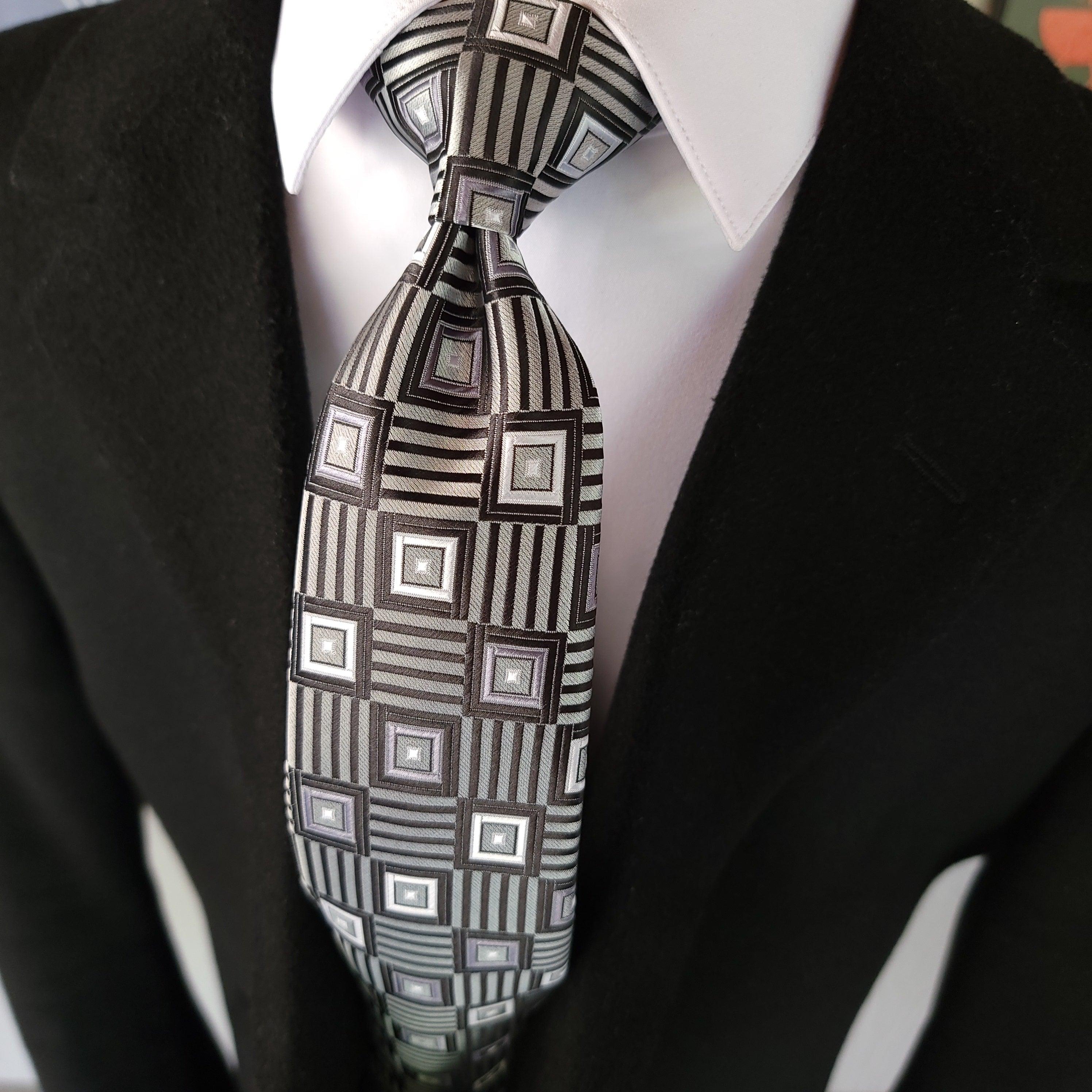 Black Gray Plaid Silk Tie Pocket Square Cufflink Set - STYLETIE