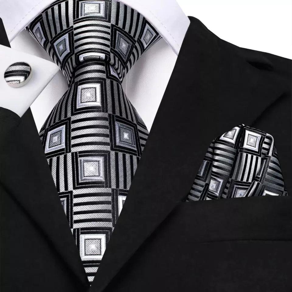Black Gray Plaid Silk Tie Pocket Square Cufflink Set - STYLETIE