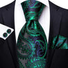 Black Green Paisley Silk Tie Pocket Square Cufflinks Set - STYLETIE