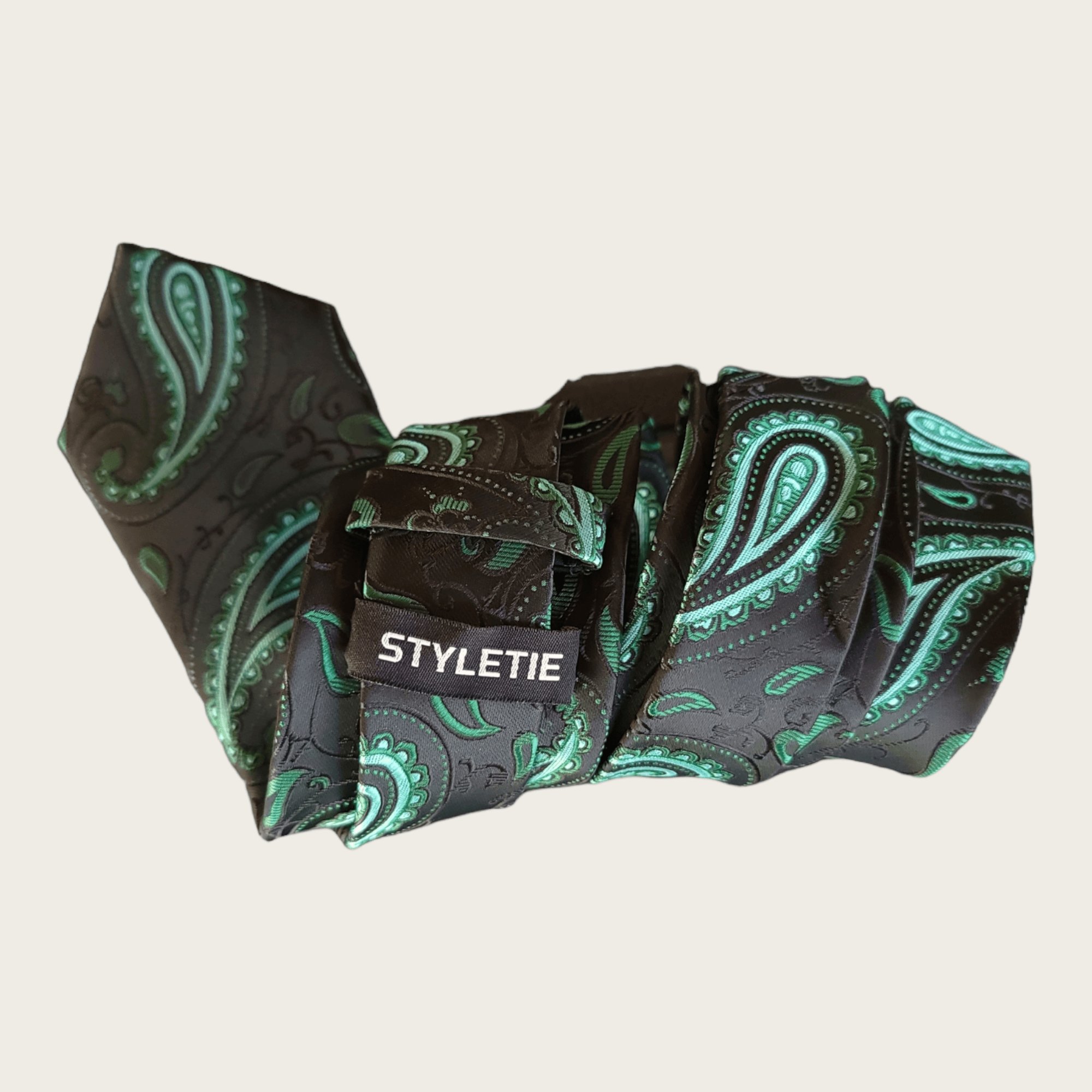 Black Green Paisley Silk Tie Pocket Square Set - STYLETIE
