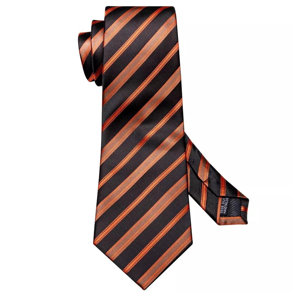 Black Orange Striped Silk Tie Pocket Square Cufflink Set - STYLETIE