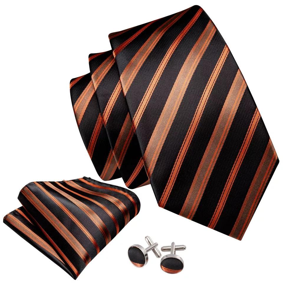 Black Orange Striped Silk Tie Pocket Square Cufflink Set - STYLETIE