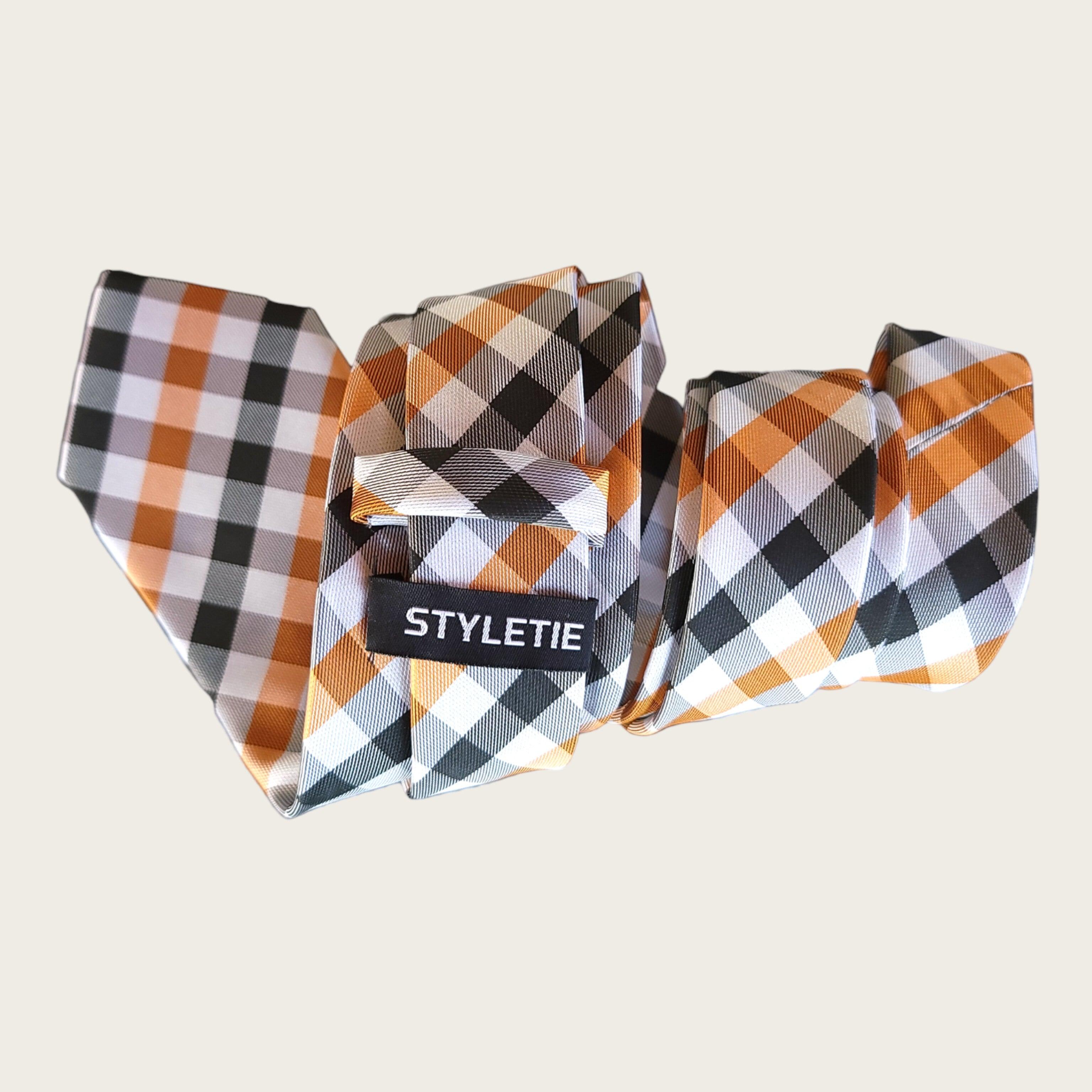 Black Orange White Plaid Silk Tie Pocket Square Set - STYLETIE