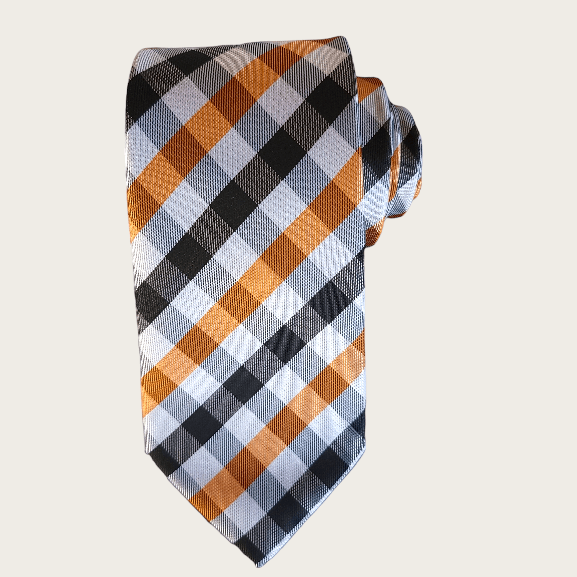 Black Orange White Plaid Silk Tie Pocket Square Set - STYLETIE