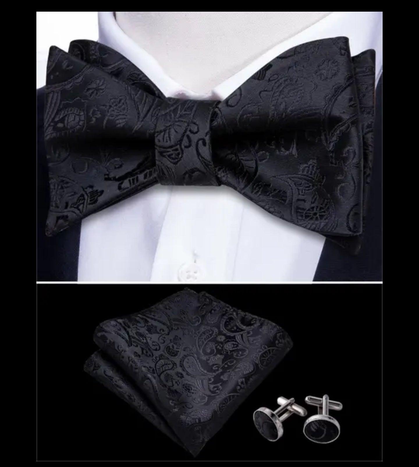 Black Paisley Silk Bowtie Pocket Square Cufflink Set - STYLETIE
