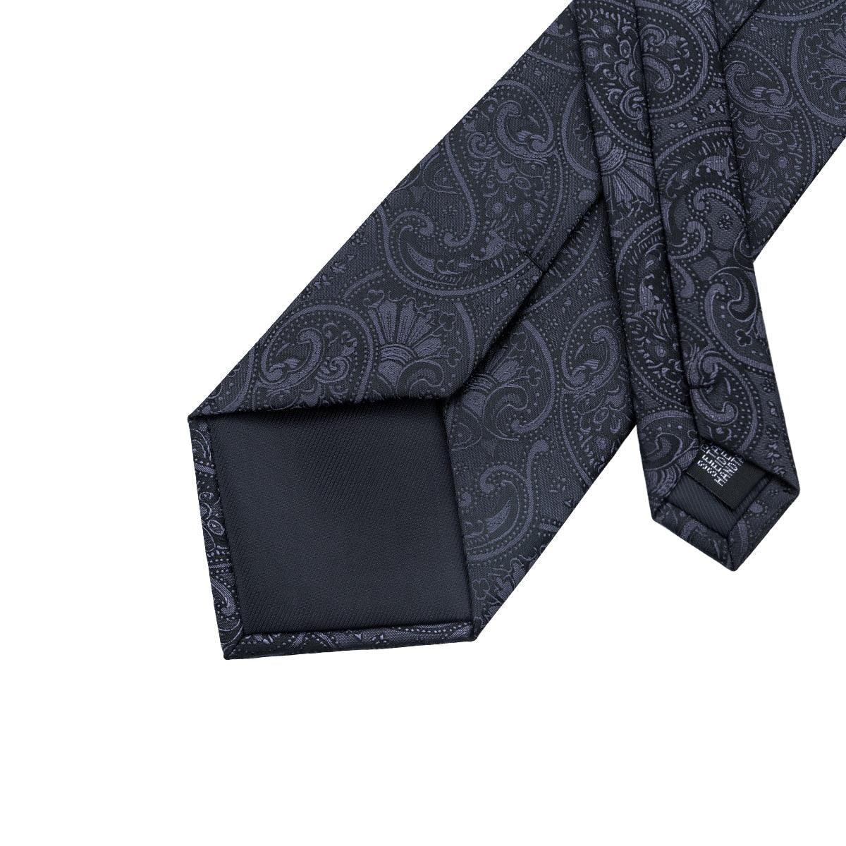 Black Paisley Silk Tie Pocket Square Cufflinks Clip Flower Lapel Pin Set - STYLETIE