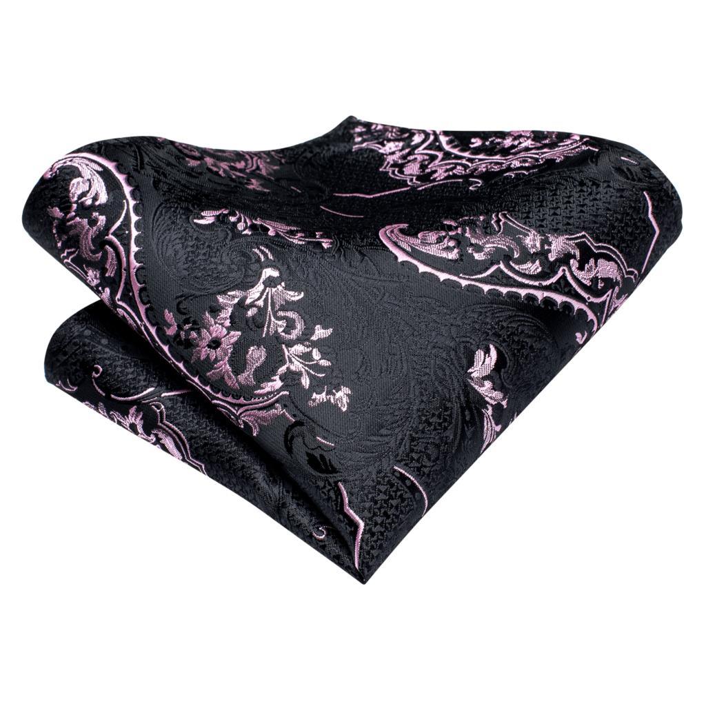 Black Pink Floral Silk Tie Pocket Square Cufflink Set - STYLETIE