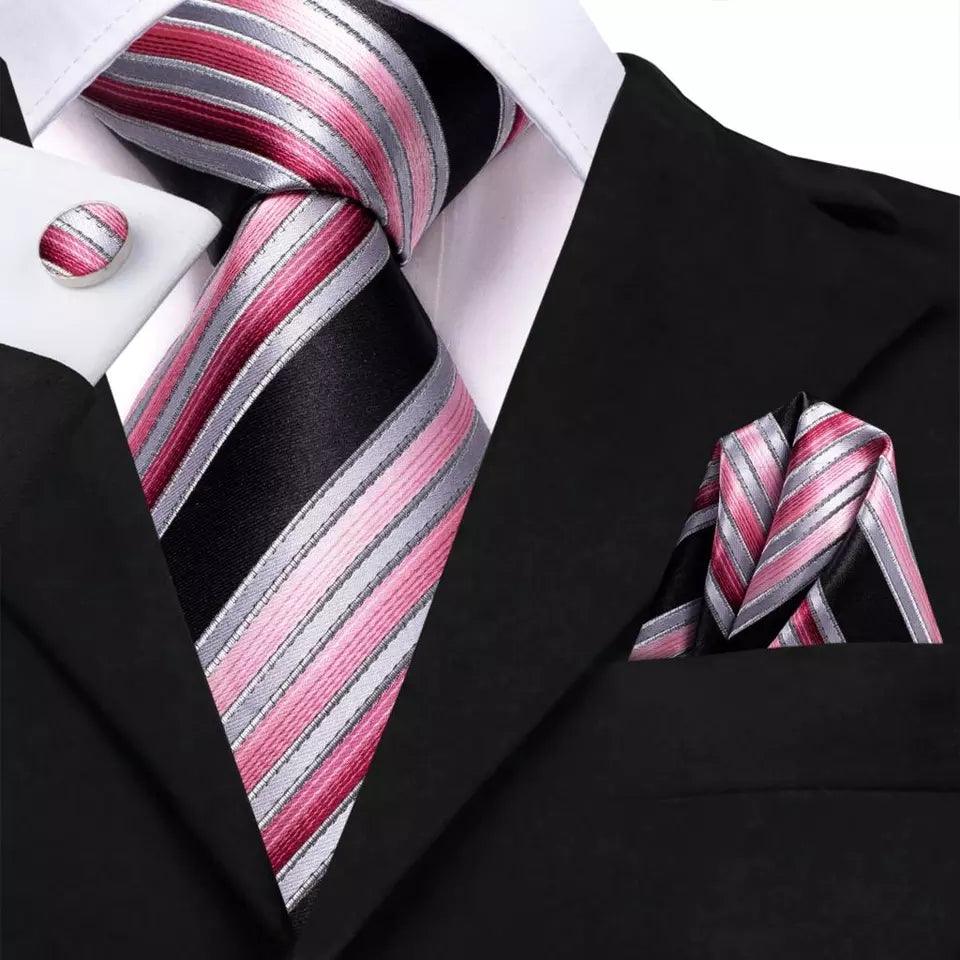 Black Pink Stripe Silk Tie Pocket Square Cufflink Set - STYLETIE