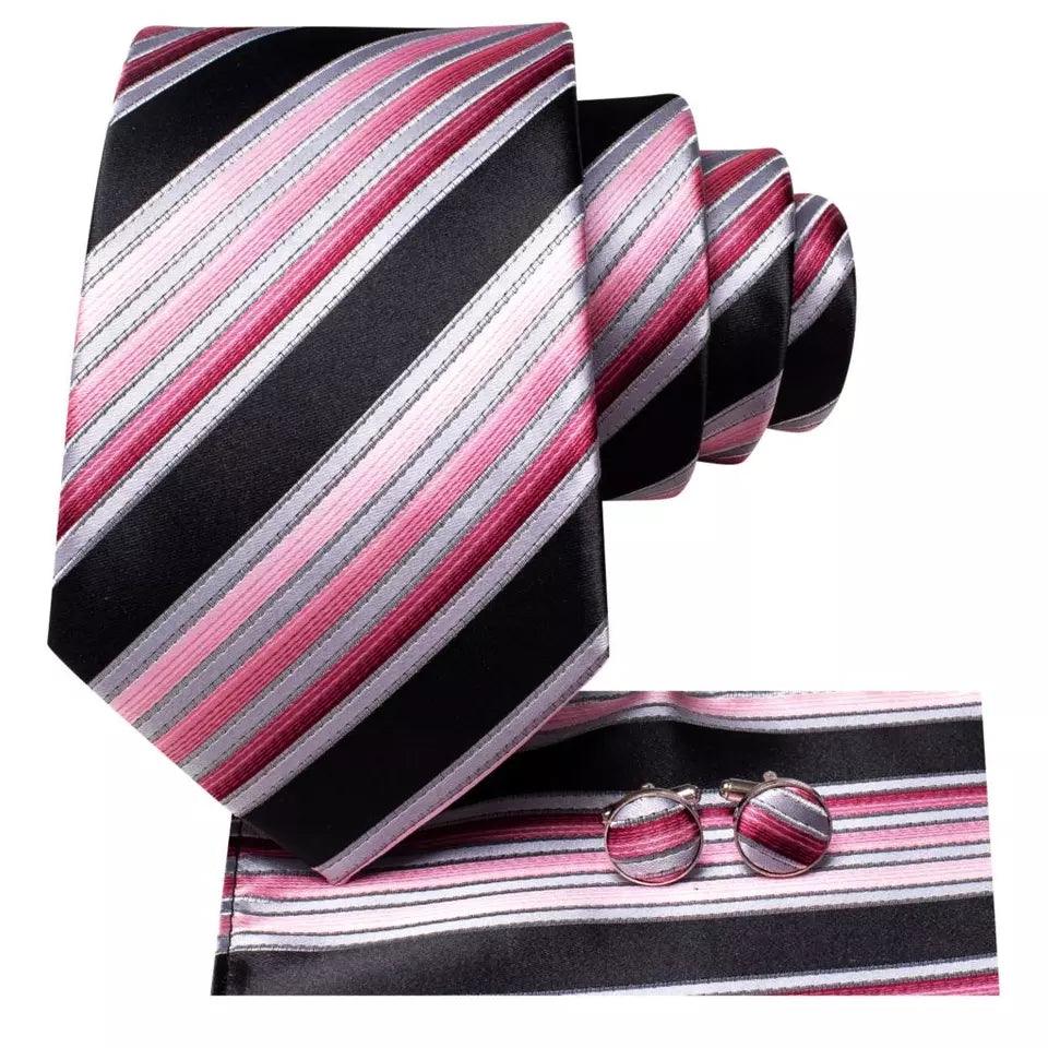 Black Pink Stripe Silk Tie Pocket Square Cufflink Set - STYLETIE
