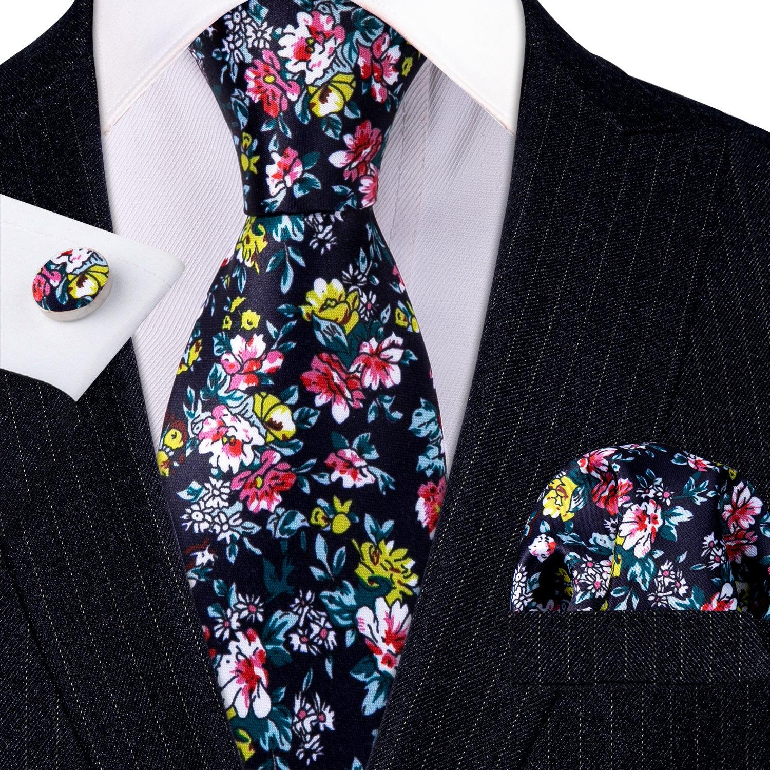 Black Print Floral Silk Tie Pocket Square Cufflink Set - STYLETIE