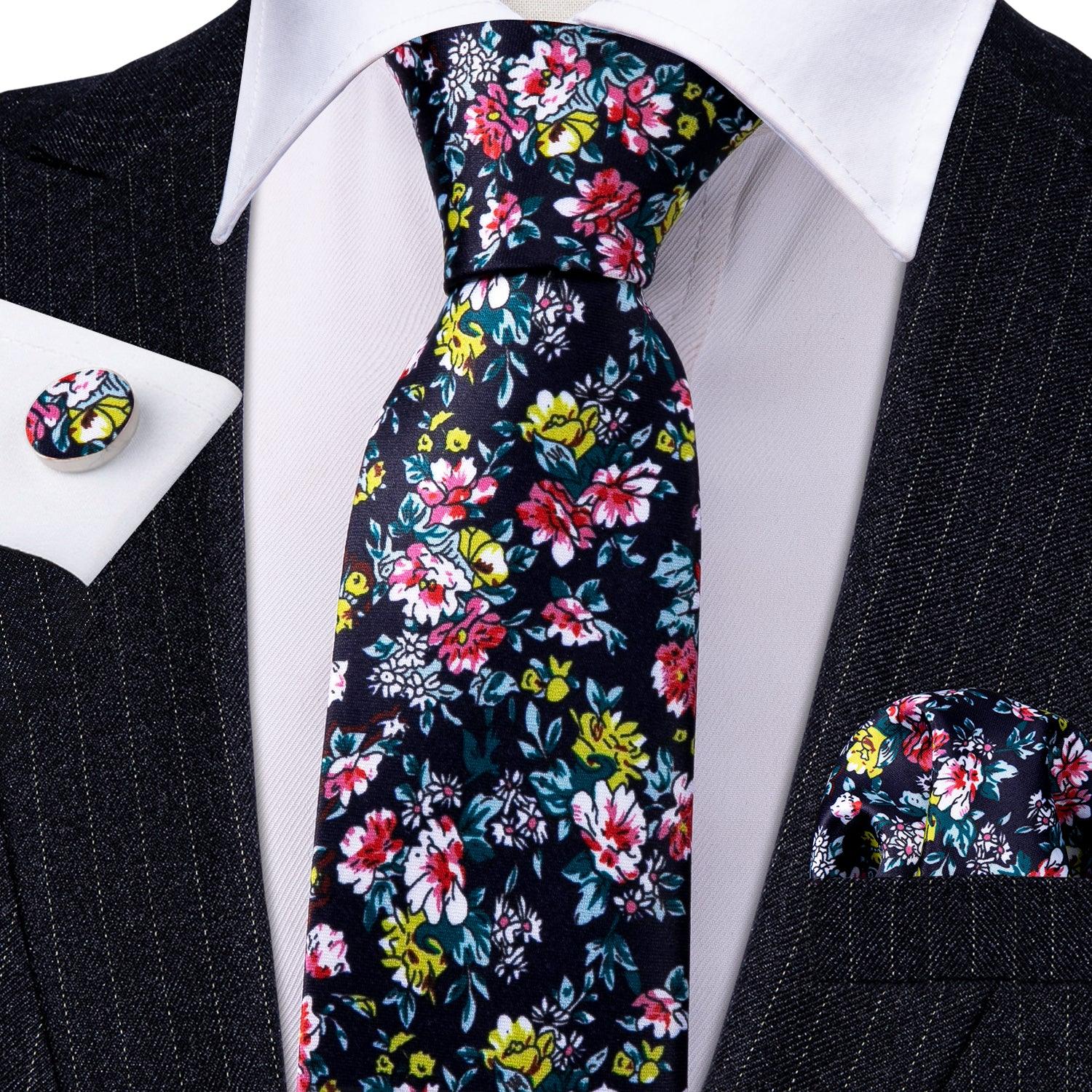 Black Print Floral Silk Tie Pocket Square Cufflink Set - STYLETIE