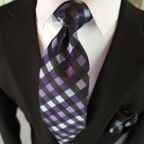 Black Purple Blue Plaid Silk Tie Pocket Square Cufflink Set