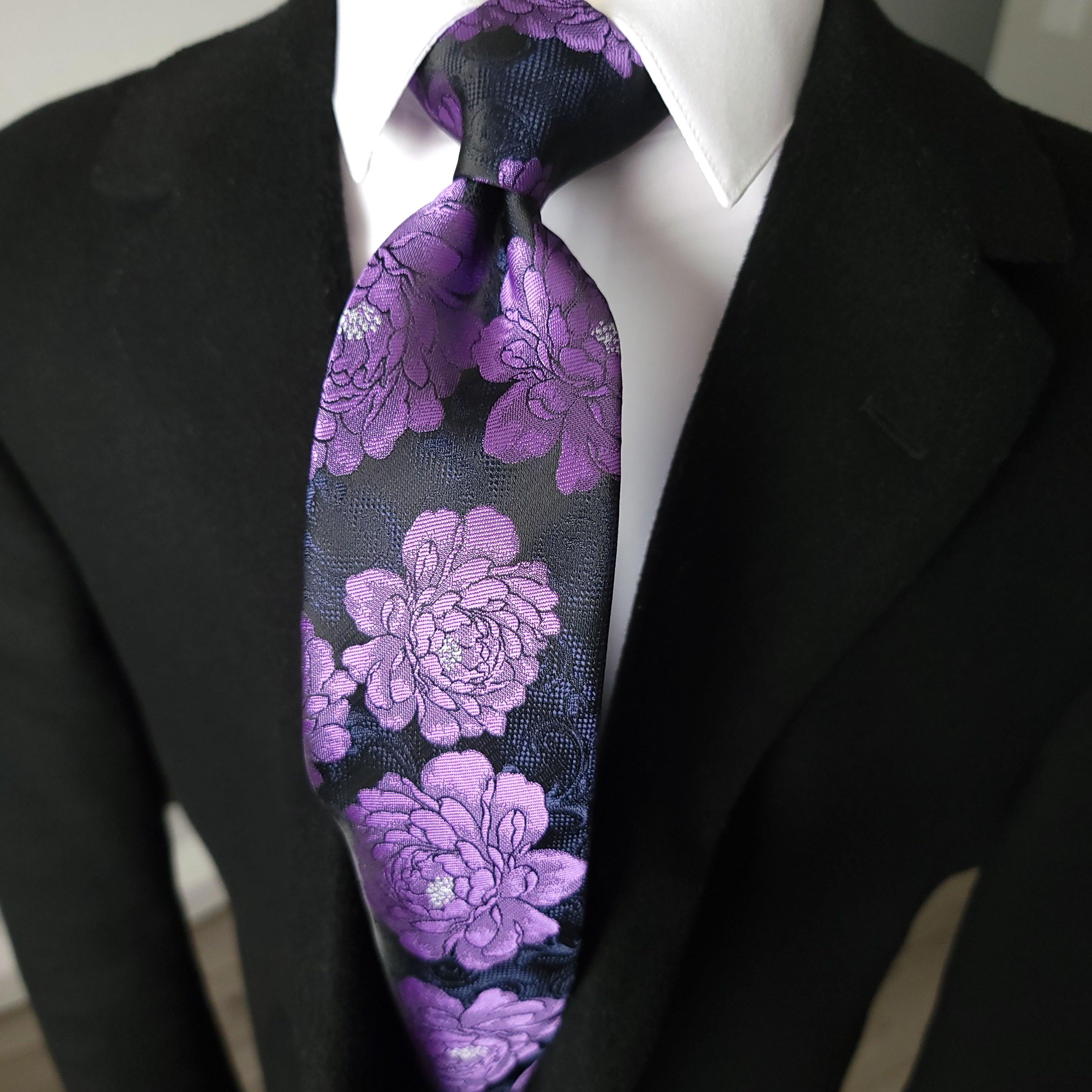 Black Purple Floral Tie Pocket Square Cufflink Set - STYLETIE