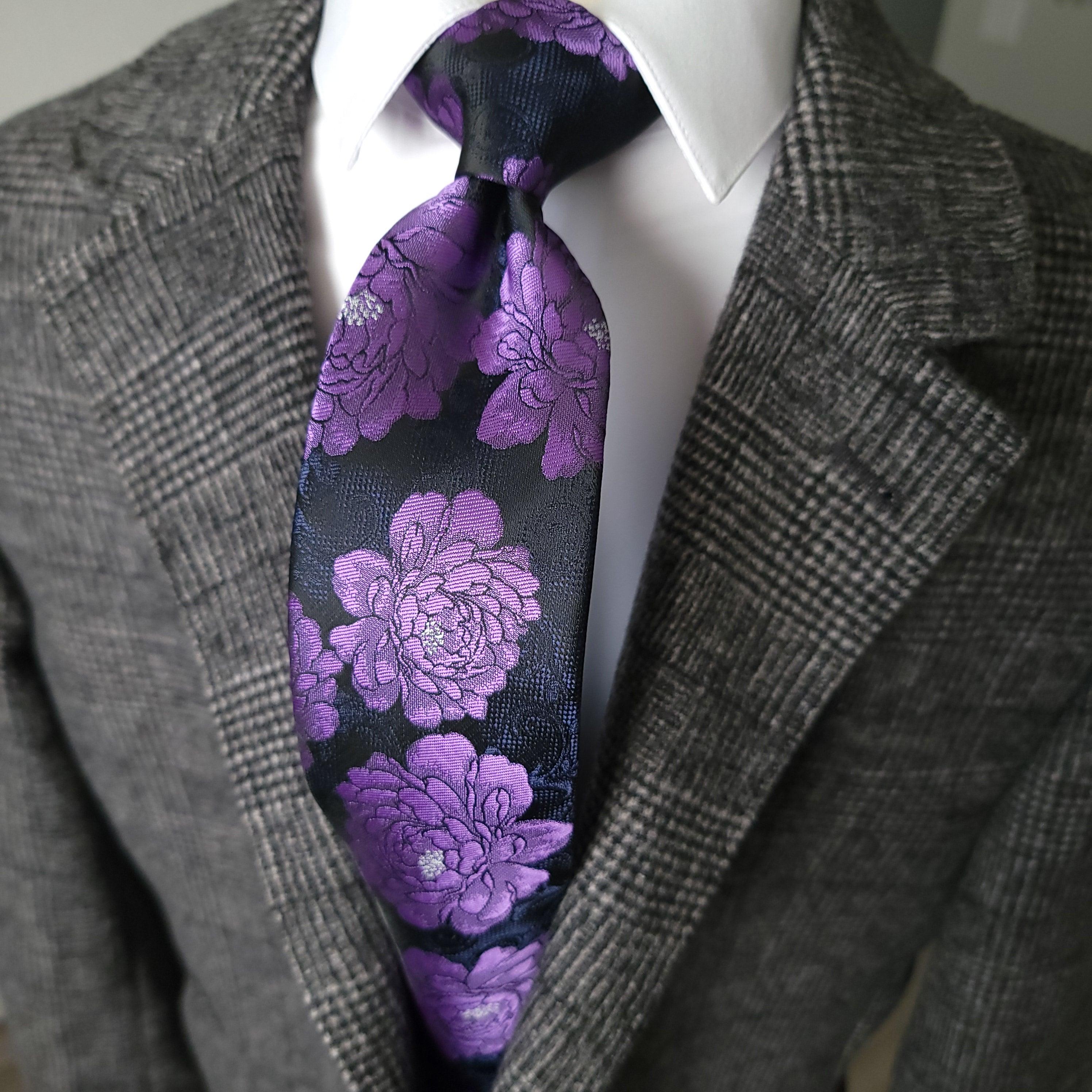 Black Purple Floral Tie Pocket Square Cufflink Set - STYLETIE