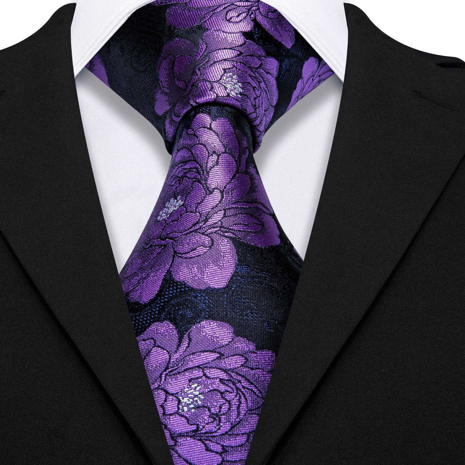 Black Purple Floral Tie Pocket Square Cufflink Set - STYLETIE