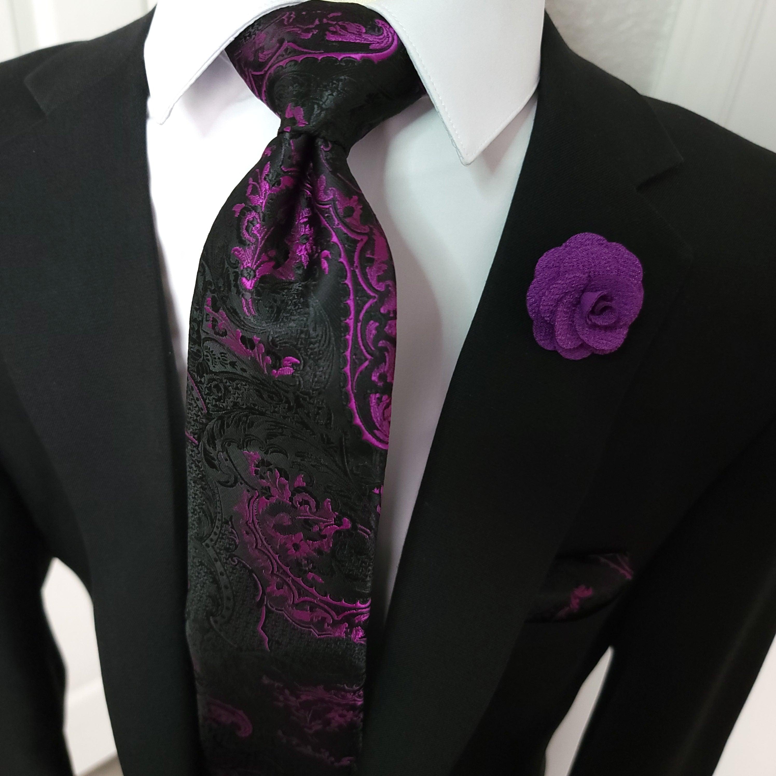 Black Purple  Silk Tie Pocket Square Cufflink Set - STYLETIE