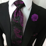 Black Purple  Silk Tie Pocket Square Cufflink Set