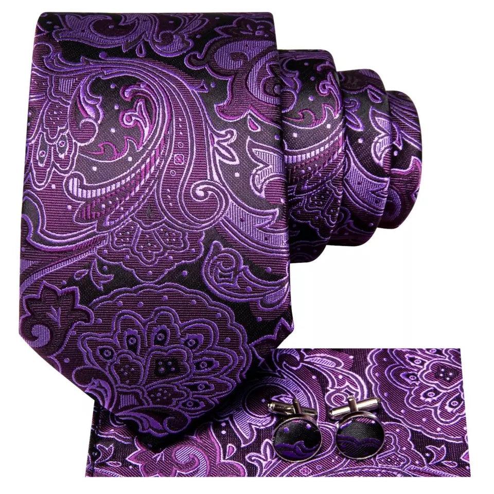 Black Purple Silk Tie Pocket Square Cufflink Set - STYLETIE