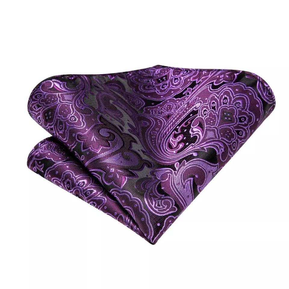 Black Purple Silk Tie Pocket Square Cufflink Set - STYLETIE
