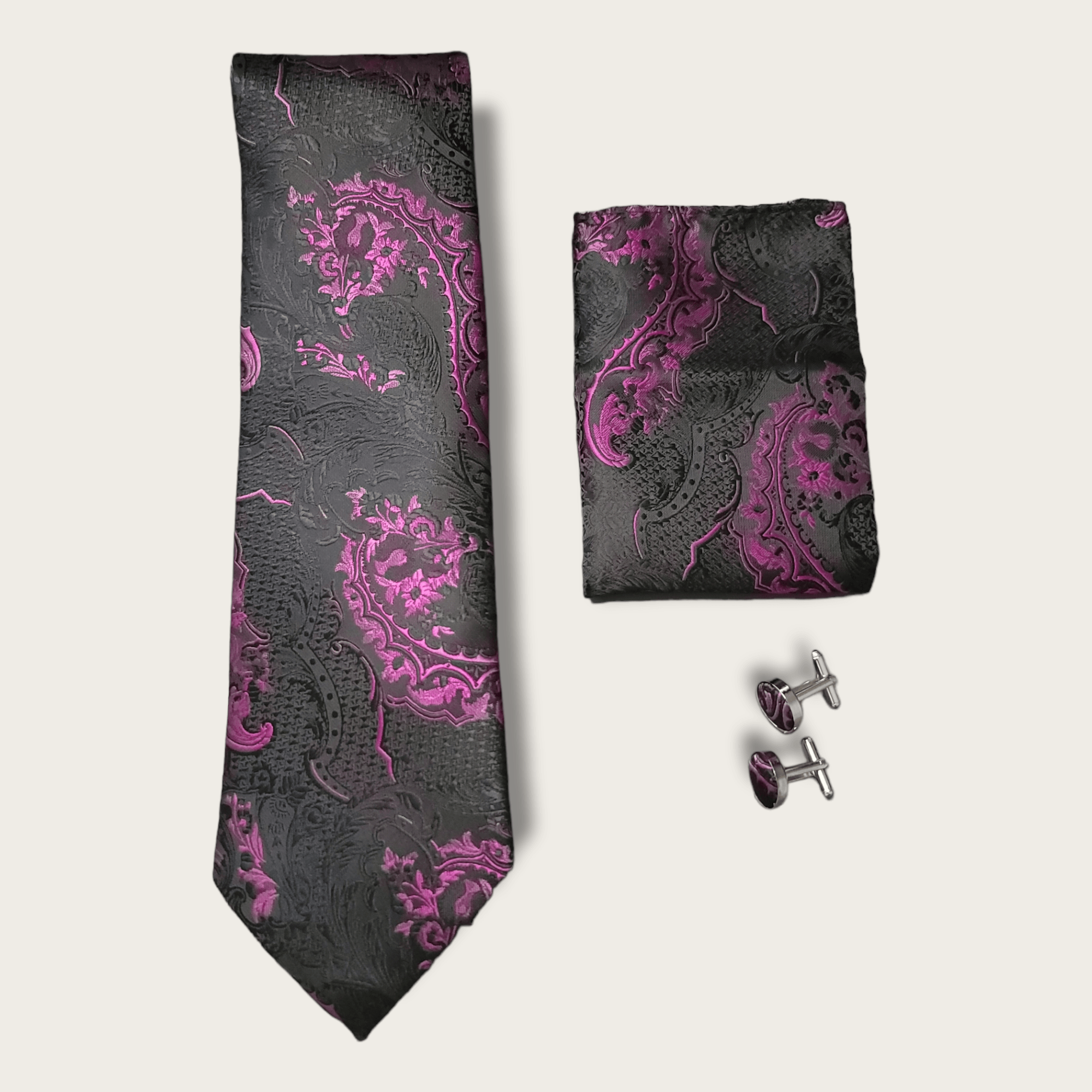 Black Purple  Silk Tie Pocket Square Cufflink Set - STYLETIE