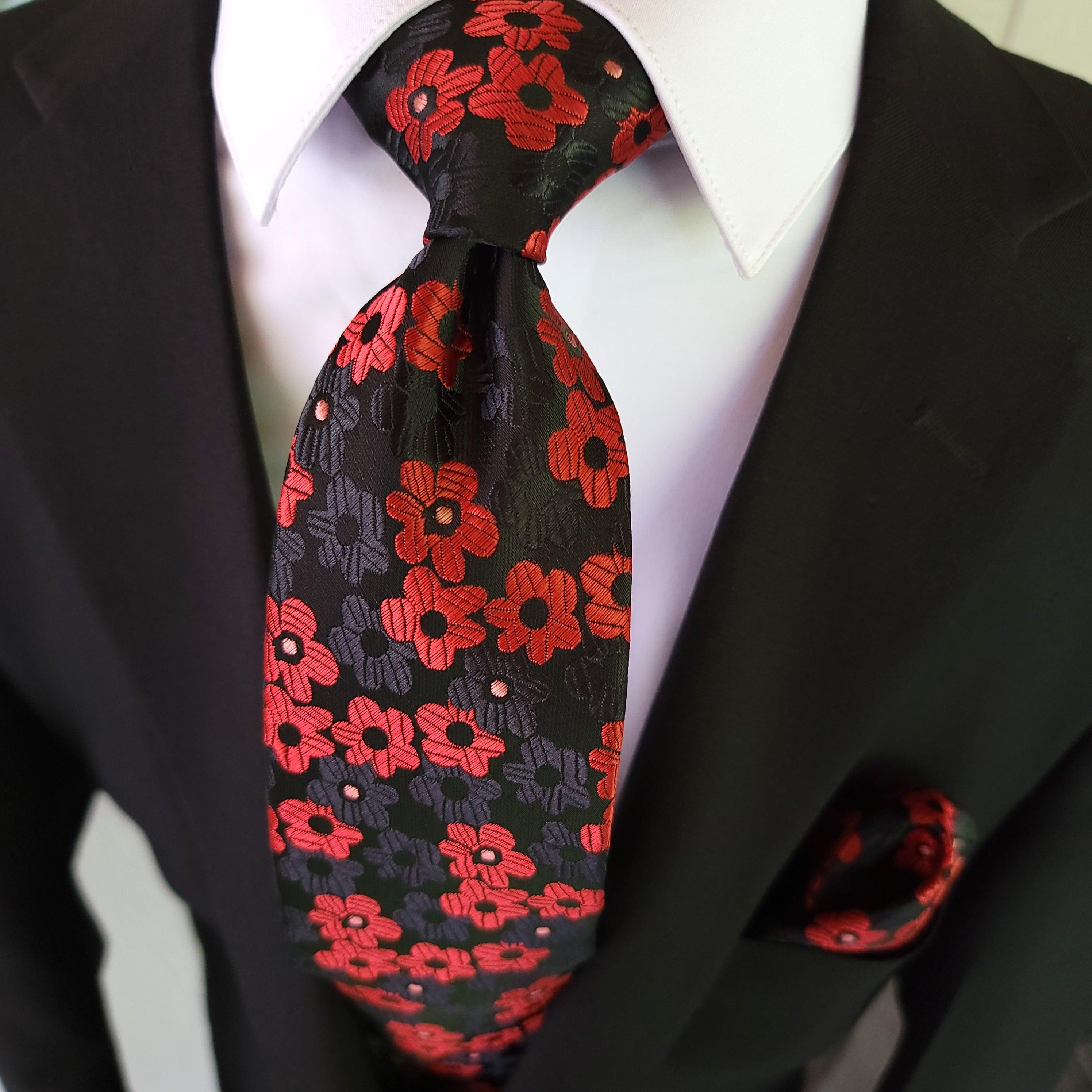 Black Red Floral Silk Tie Pocket Square Cufflink Set - STYLETIE