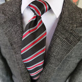 Black Red Striped Silk Tie Pocket Square Cufflink Set