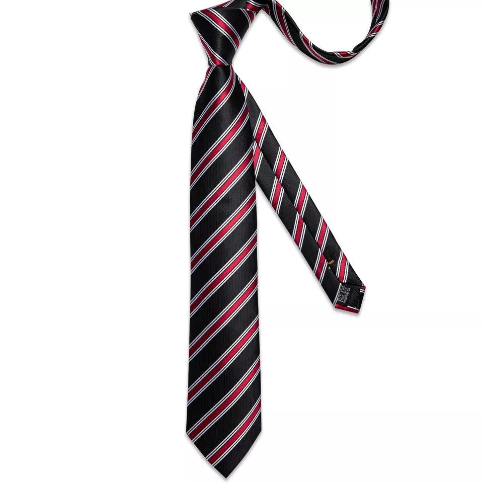 Black Red Striped Silk Tie Pocket Square Cufflink Set - STYLETIE