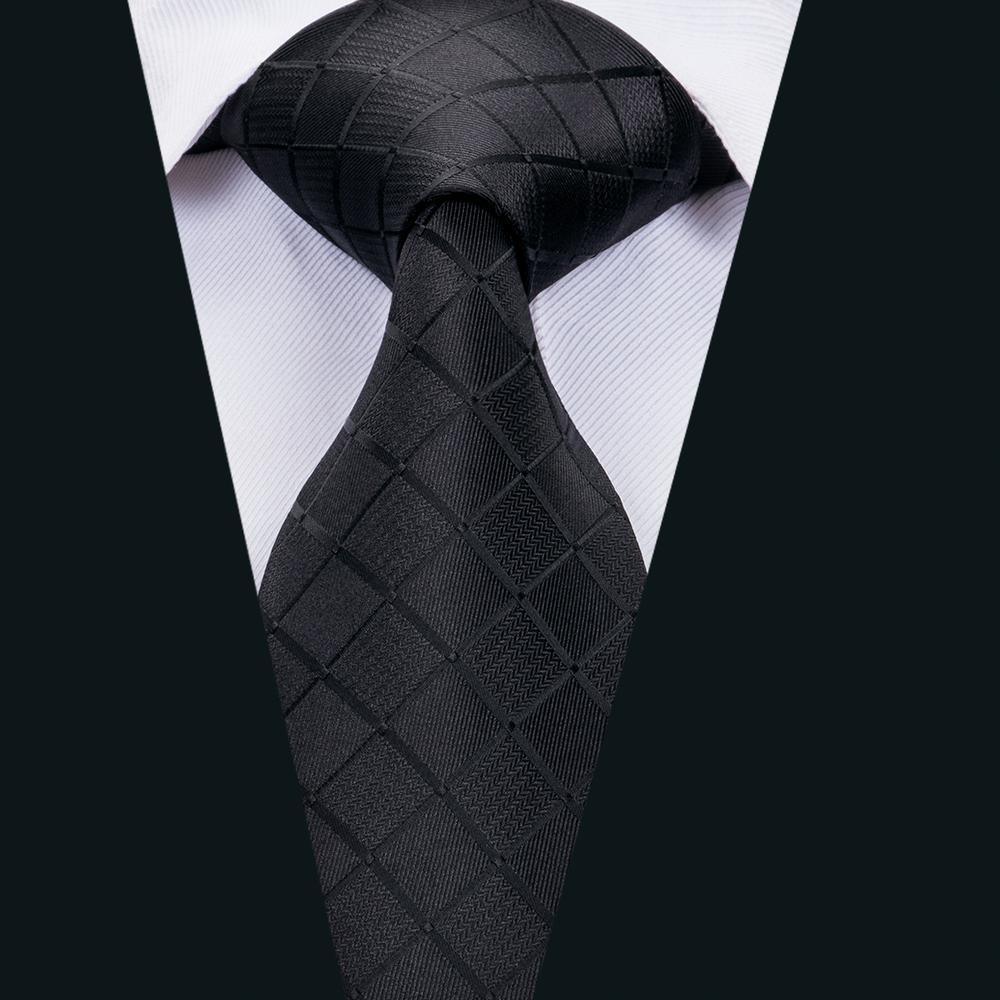 Black Solid Plaid Silk Tie Pocket Square Cufflink Set - STYLETIE