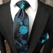Black Teal Floral Silk Tie Pocket Square Cufflink Set - STYLETIE