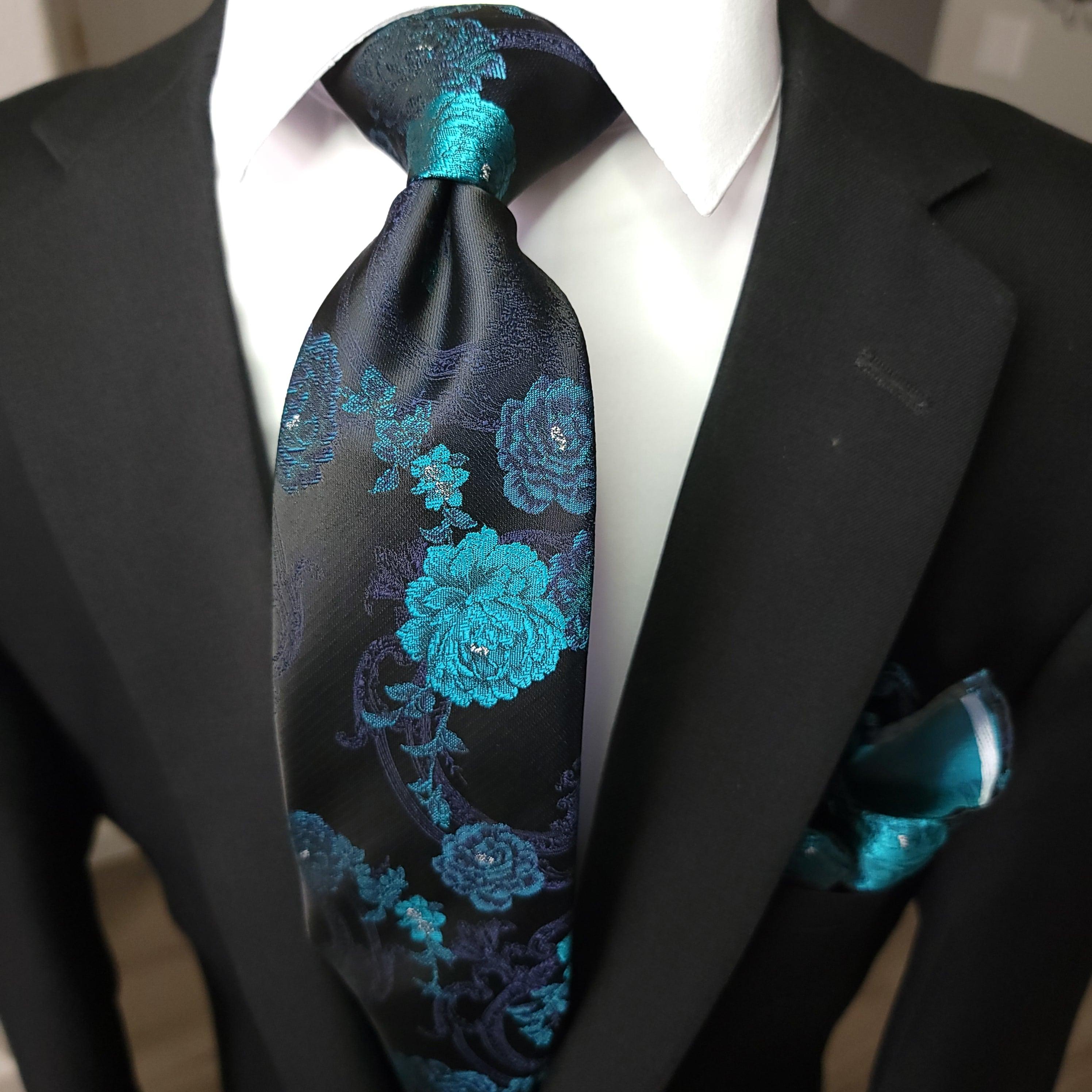 Black Teal Floral Silk Tie Pocket Square Cufflink Set - STYLETIE