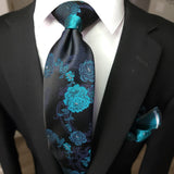 Black Teal Floral Silk Tie Pocket Square Cufflink Set