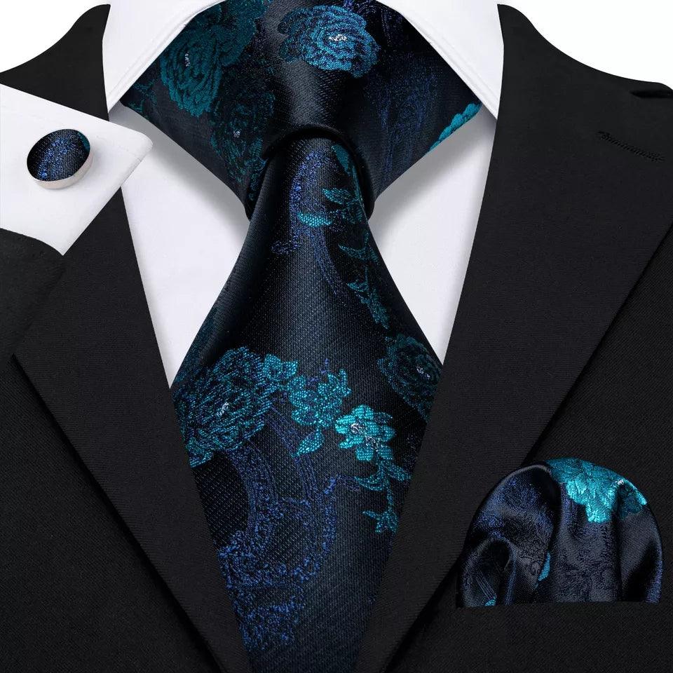 Black Teal Floral Silk Tie Pocket Square Cufflink Set - STYLETIE