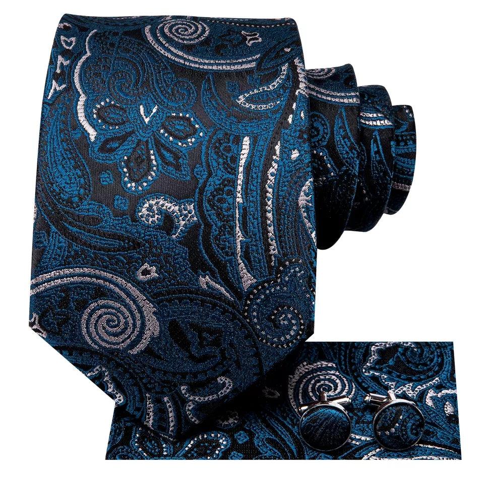 Black Teal Khaki Silk Tie Pocket Square Cufflink Set - STYLETIE
